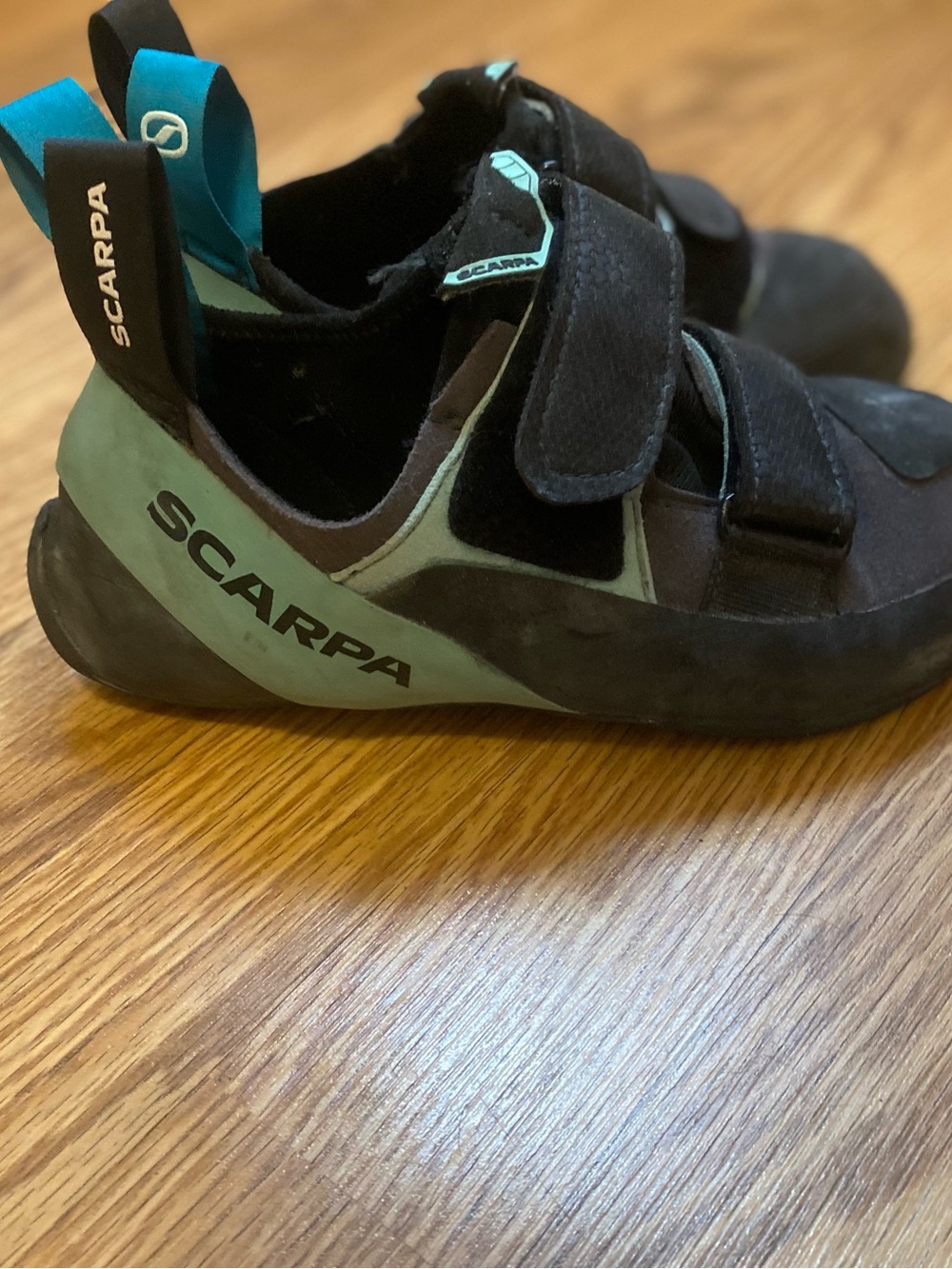 Scarpa Black and Teal Women's Climbing Shoes with Hook-and-Loop Straps